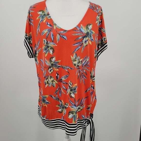 Lascana Orange & Navy Tropical Floral Print Tie Detail Printed Top - Picture 3 of 11
